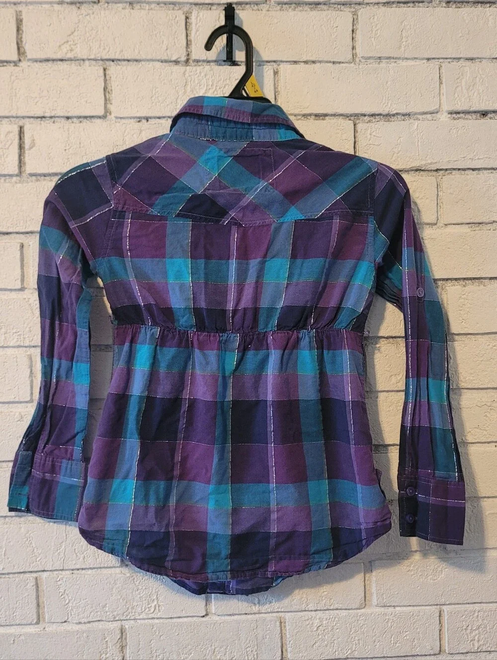 Justice Girls Plaid Long Sleeve Button Down Shirt Purple Teal Metallic Size 8